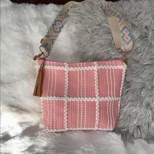 Pink and White Woven Shoulder Bag